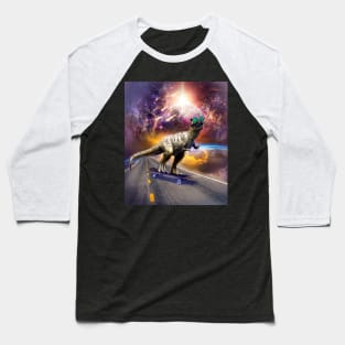 Dinosaur With Sunglasses On Skateboard In Space Baseball T-Shirt